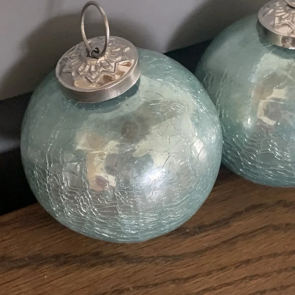 3 Crackle Heavy‎ Glass Teal Sea foam Green Kugel Style Christmas Ornaments 4
